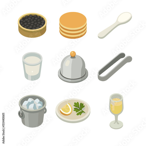 Fine Dining Icon Set. Isometric Flat icon set of fine dining tray setups: caviar tin, blini stack, mother-of-pearl spoon, chilled
