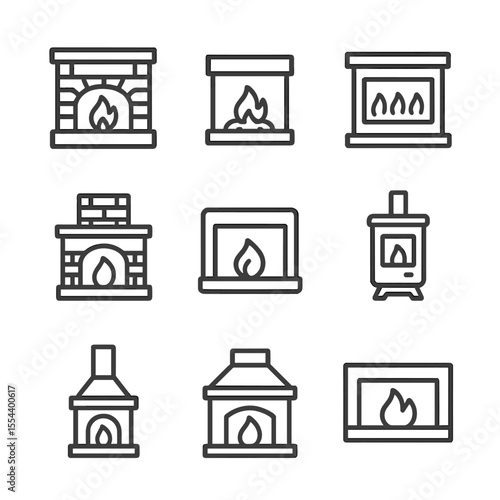 Fireplace Icon Set. Outline icon set of types of fireplaces: wood-burning fireplace, gas fireplace, electric fireplace, masonry