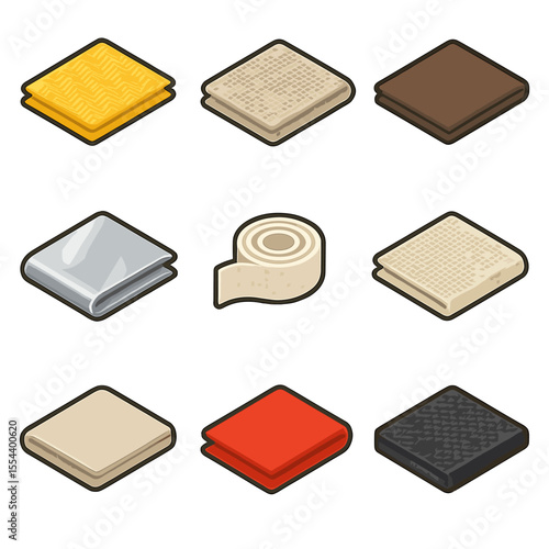 Fireproof Fabric Icons. Isometric Flat icon set of fireproof fabrics: aramid fiber cloth, glass fiber fabric, basalt fiber textile