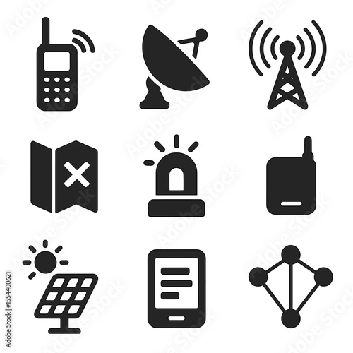 Tech Connectivity Icons. Solid, filled icons set of satellite and low-connectivity tech: satellite phone,