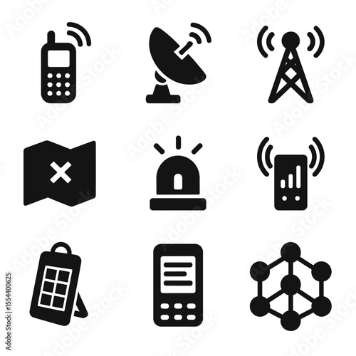 Tech Connectivity Icons. Solid, filled icons set of satellite and low-connectivity tech: satellite phone,