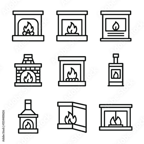 Fireplace Icon Set. Outline icon set of types of fireplaces: wood-burning fireplace, gas fireplace, electric fireplace, masonry
