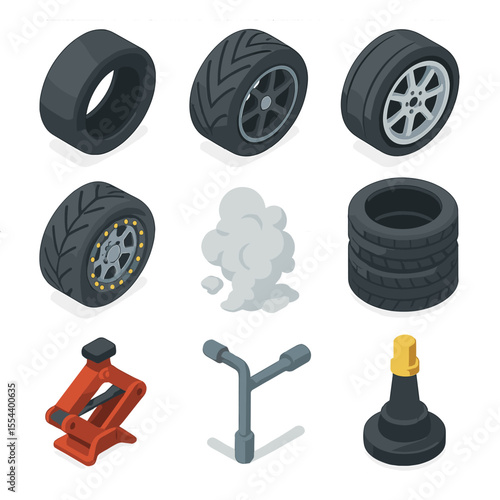 Drift Tire Icons. Isometric Flat icon set of drift tires and wheels: slick tire, drift tire, spoke wheel, beadlock rim, tire smoke