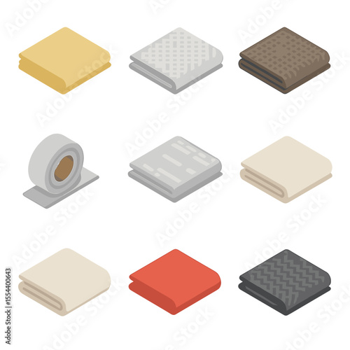 Fireproof Fabric Icons. Isometric Flat icon set of fireproof fabrics: aramid fiber cloth, glass fiber fabric, basalt fiber textile