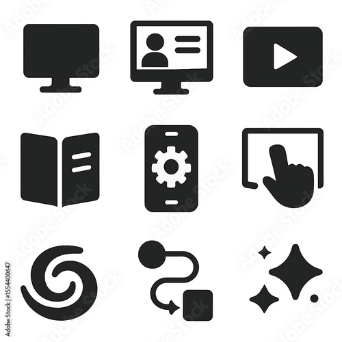 Tech Learning Icons. Solid, filled icons set of digital and tech-based learning: computer icon, online course,