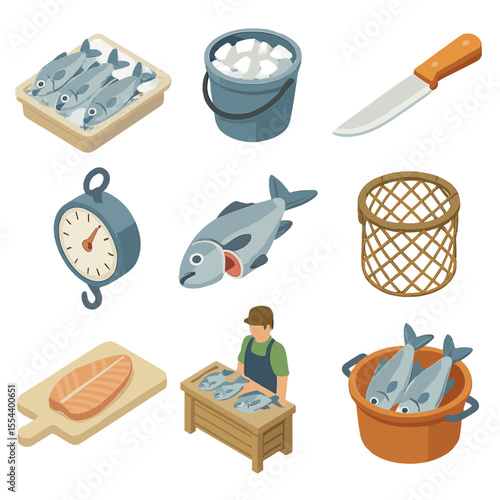 Fish Market Icons. Isometric Flat icon set of fish market section: fish on ice, ice bucket, fillet knife, hanging scale, gutted