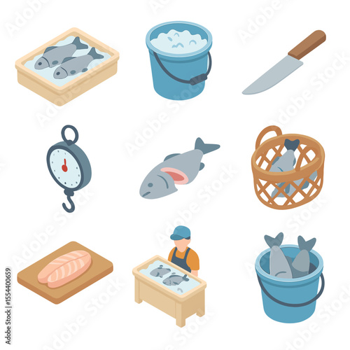 Fish Market Icons. Isometric Flat icon set of fish market section: fish on ice, ice bucket, fillet knife, hanging scale, gutted