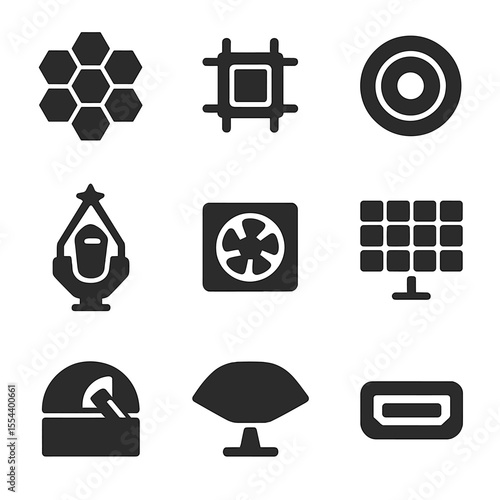 Telescope Design Icons. Solid, filled icons set of telescope design elements: mirror icon, sensor chip, focal
