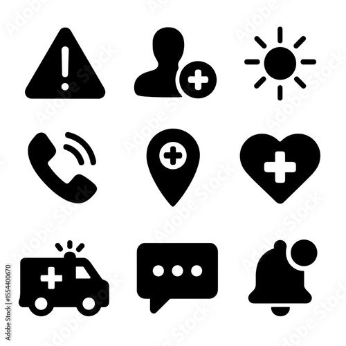 Telemedicine Emergency Icons. Solid, filled icons set of emergency functions in telemedicine: red alert icon,