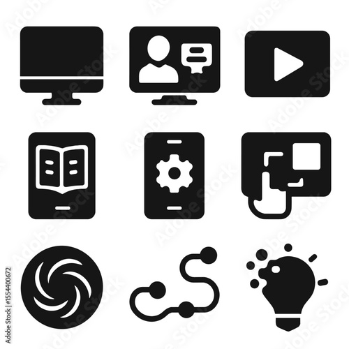 Tech Learning Icons. Solid, filled icons set of digital and tech-based learning: computer icon, online course,