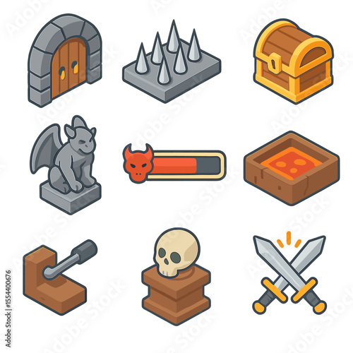 Dungeon Icon Set. Isometric Flat icon set of Dungeon and Boss Battles: dungeon entrance door, trap spike, treasure chest, gargoyle