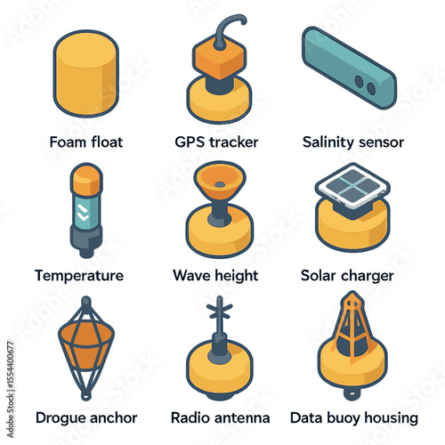 Drifting Buoys Icons Set. Isometric Flat icon set of drifting buoys: foam float body, GPS tracker module, salinity sensor,