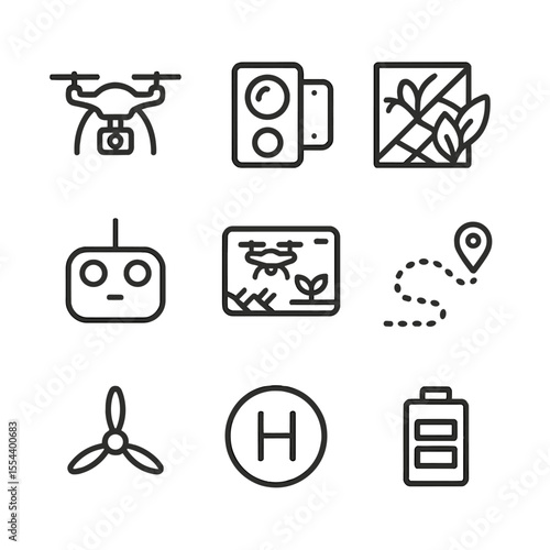 Drone Monitoring Icons. Outline icon set of Biotech Crop Development: genetically modified seed packet, DNA helix, lab flask,