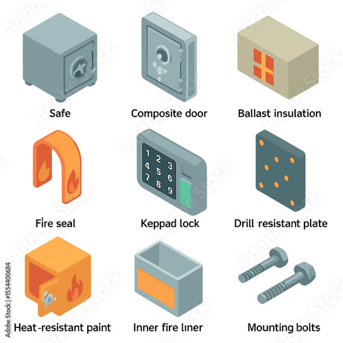 Fireproof Safe Icons. Isometric Flat icon set of fireproof safes and vaults: safe body, composite door, ballast insulation, fire