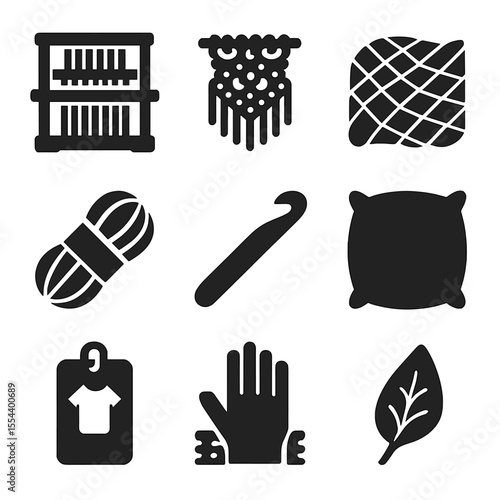 Textile Arts Icons. Solid, filled icons set of textile arts and crafts: weaving loom, macrame pattern, fabric