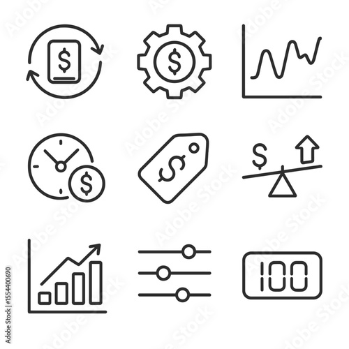 Dynamic Pricing Icons. Outline icon set of Dynamic Pricing Technique: real-time update icon, algorithm gear, price fluctuation