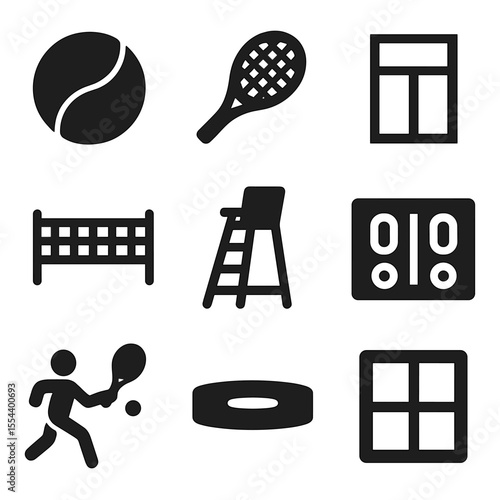 Tennis Icons Grid. Solid, filled icons set of tennis tournaments: tennis ball, racket, service line, net icon,