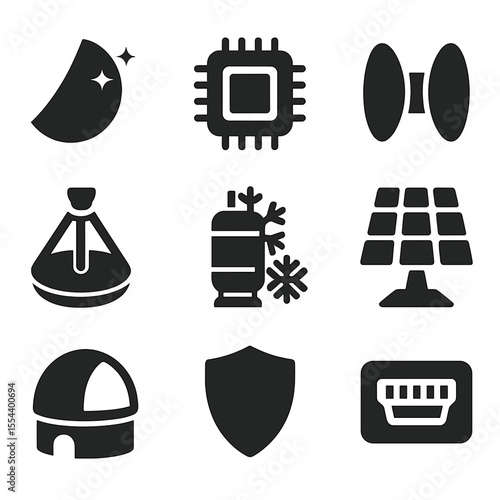 Telescope Design Icons. Solid, filled icons set of telescope design elements: mirror icon, sensor chip, focal