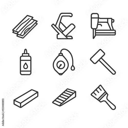 Flooring Tools Icons. Outline icon set of Hardwood Flooring Installation: hardwood plank, flooring nailer, pneumatic stapler, wood