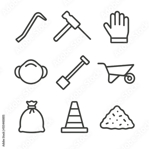 Flooring Tools Icon Set. Outline icon set of Flooring Removal and Demolition: pry bar, demolition hammer, protective gloves, dust