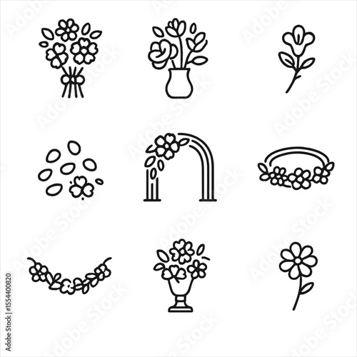 Floral Icon Set. Outline icon set of floral arrangements: bridal bouquet, centerpiece vase, boutonniere, floral arch, aisle petals