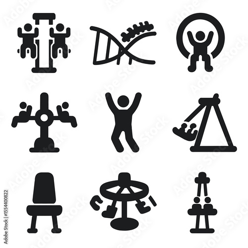 Thrill Ride Icons. Solid, filled icons set of thrill seeker rides: extreme drop, fast coaster, loop icon,