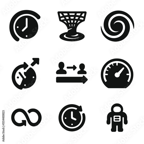 Time Dilation Icons. Solid, filled icons set of time dilation and relativity in space: curved clock, spacetime