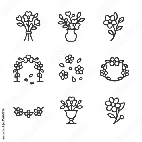 Floral Icon Set. Outline icon set of floral arrangements: bridal bouquet, centerpiece vase, boutonniere, floral arch, aisle petals