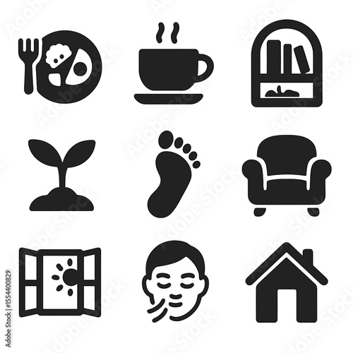 Tiny Home Icons. Solid, filled icons set of tiny home lifestyle: simple meal, cup of tea, book nook, garden