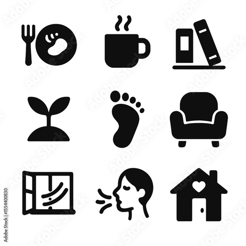Tiny Home Icons. Solid, filled icons set of tiny home lifestyle: simple meal, cup of tea, book nook, garden