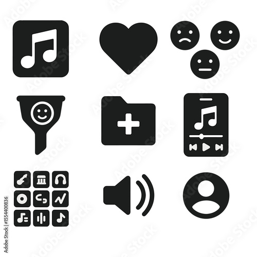 Therapeutic Music Icons. Solid, filled icons set of personalized therapeutic playlists: playlist icon,