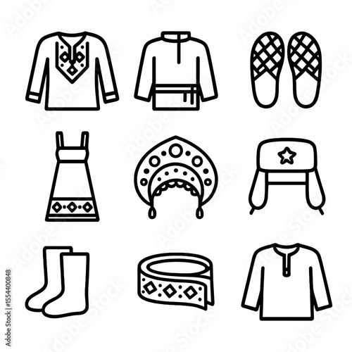 Eastern Wear Icons. Outline icon set of Eastern European traditional wear: vyshyvanka, kosovorotka, lapti sandals, sarafan,