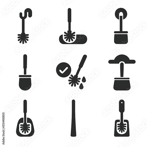 Toilet Brush Icons Grid. Solid, filled icons set of toilet brush storage systems: wall hook, magnetic base,