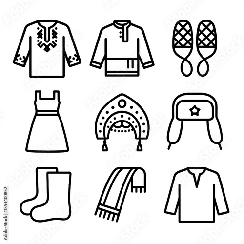 Eastern Wear Icons. Outline icon set of Eastern European traditional wear: vyshyvanka, kosovorotka, lapti sandals, sarafan,