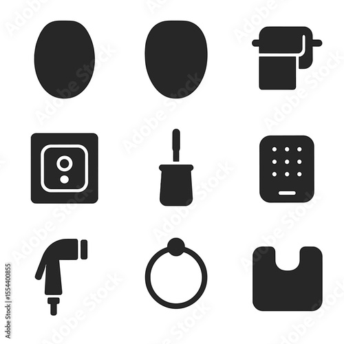 Toilet Accessories Icons. Solid, filled icons set of toilet accessories: toilet seat, lid cover, paper holder,