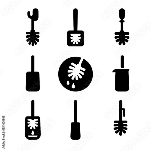 Toilet Brush Icons Grid. Solid, filled icons set of toilet brush storage systems: wall hook, magnetic base,