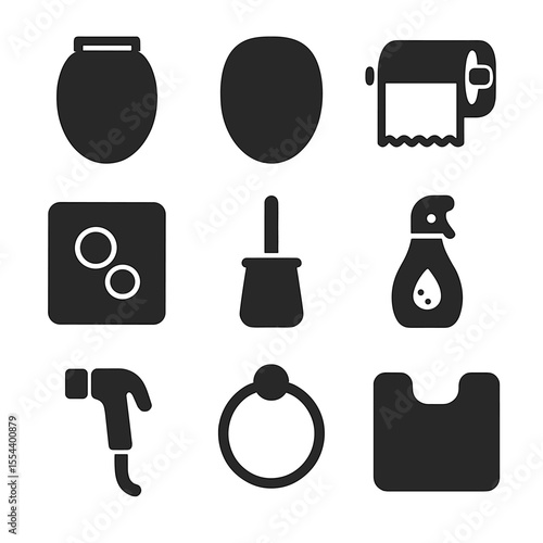 Toilet Accessories Icons. Solid, filled icons set of toilet accessories: toilet seat, lid cover, paper holder,