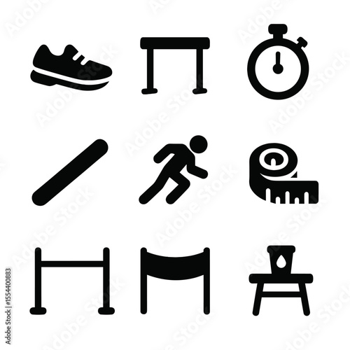 Track and Field Icons. Solid, filled icons set of track and field championships: running shoes, hurdles,