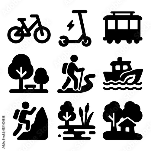 Tourism Icon Set. Solid, filled icons set of tourism and recreation: rental bike, electric scooter share, city
