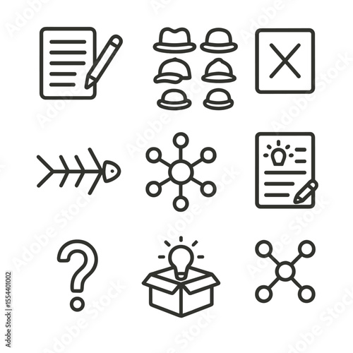 Brainstorming Icon Set. Outline icon set of brainstorming techniques: SCAMPER icon, six thinking hats, random word card, fishbone