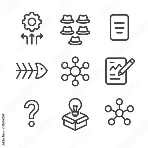 Brainstorming Icon Set. Outline icon set of brainstorming techniques: SCAMPER icon, six thinking hats, random word card, fishbone