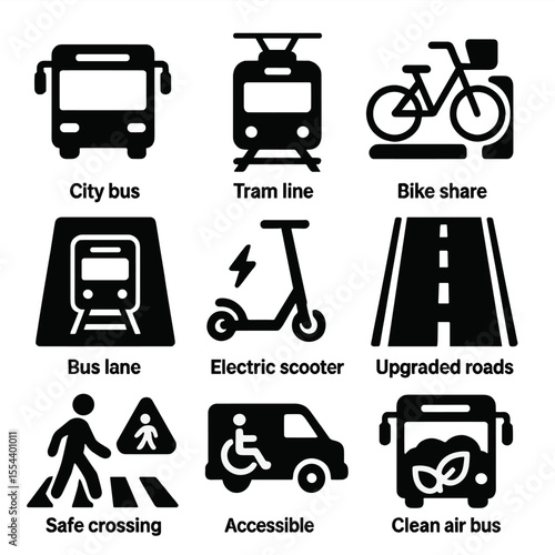 Transportation Upgrade Icons. Solid, filled icons set of transportation upgrades: city bus, tram line, bike