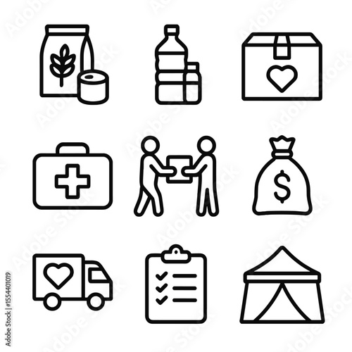 Emergency Supply Icons. Outline icon set of emergency supply distribution: food package, bottled water, relief box, medical kit,