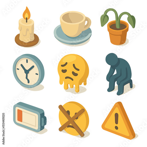 Emotional Burnout Icons. Isometric Flat icon set of emotional burnout signs: burnt-out candle, empty coffee cup, drooping plant,
