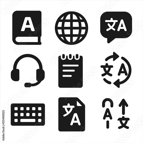 Translation Tool Icons. Solid, filled icons set of translation and interpretation tools: dictionary, globe,
