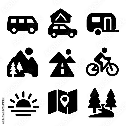 Travel Icons Grid. Solid, filled icons set of travel-ready tiny homes: van icon, rooftop tent, travel trailer,