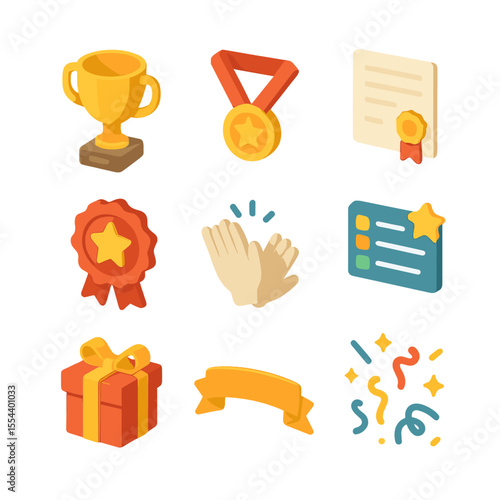 Employee Recognition Icons. Isometric Flat icon set of employee recognition: trophy, medal, certificate, star badge, applause