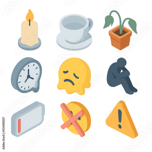Emotional Burnout Icons. Isometric Flat icon set of emotional burnout signs: burnt-out candle, empty coffee cup, drooping plant,