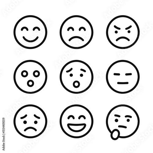 Emotion Icons Grid. Outline icon set of emotional expressions: happy face, sad face, angry face, surprised face, fearful face,