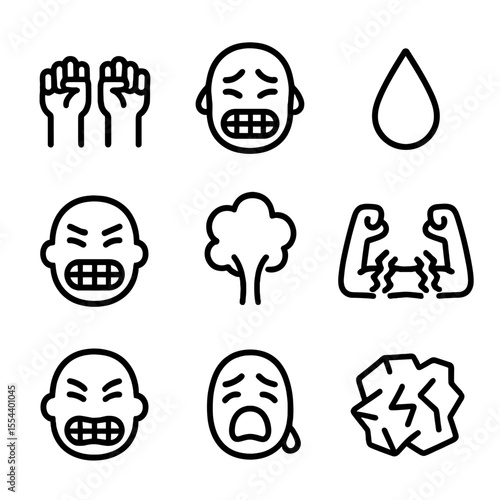Frustration Icon Set. Outline icon set of frustrated crying: clenched fists, furrowed brow, tear drop, clenched teeth, steam puff,
